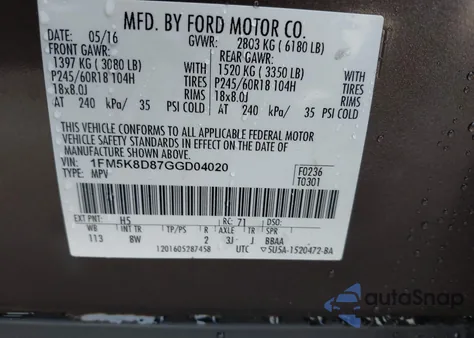 2016 Ford Explorer Xlt from USA, damaged, VIN 1FM5K8D87GGD04020